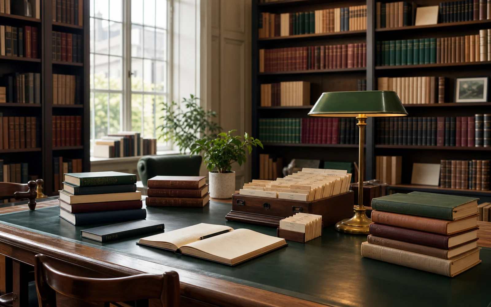 A refined reading room with shelves, stacked books, catalog cards, and warm daylight